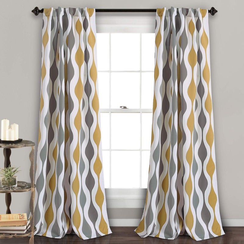 Lush Decor Mid Century Geo Light Filtering Window Curtain Panel Pair, 52" W x 108" L, Gold & Gray - Image 1
